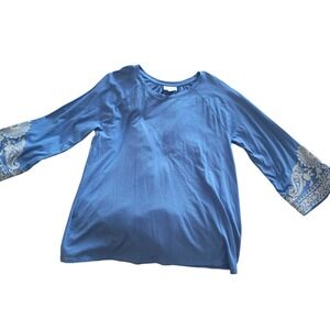 J Jill Blue Embroidered Long Sleeve Top Women's Size XS Boho Coastal‎ Grandma